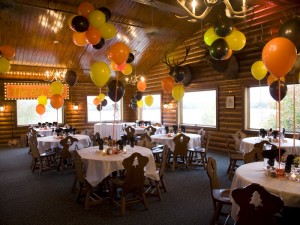 The festively decorated room. Note all the stuffed animal heads on the walls!